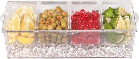 علبة خادم بهارات مبردة بالثلج مكونة من 4 أقسام - حاوية صينية تقديم مع 4 أطباق قابلة للإزالة وغطاء مفصلي | 3 ملاعق تقديم + 3 ملقط متضمنة in Kuwait