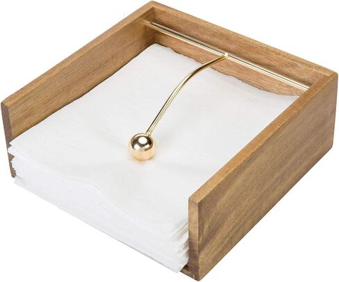 MyGift Premium Acacia Wood Napkin Holder for Table, Square Tabletop Napkin Dispenser with Brass Tone Weighted Arm in Saudi Arabia