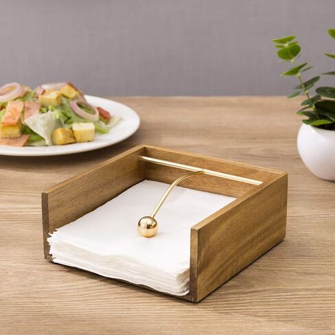 MyGift Premium Acacia Wood Napkin Holder for Table, Square Tabletop Napkin Dispenser with Brass Tone Weighted Arm in Saudi Arabia