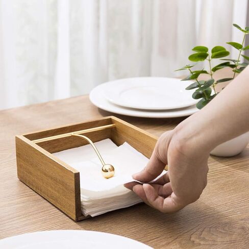 MyGift Premium Acacia Wood Napkin Holder for Table, Square Tabletop Napkin Dispenser with Brass Tone Weighted Arm in Saudi Arabia