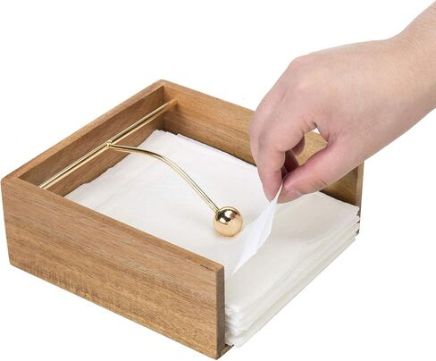 MyGift Premium Acacia Wood Napkin Holder for Table, Square Tabletop Napkin Dispenser with Brass Tone Weighted Arm in Saudi Arabia