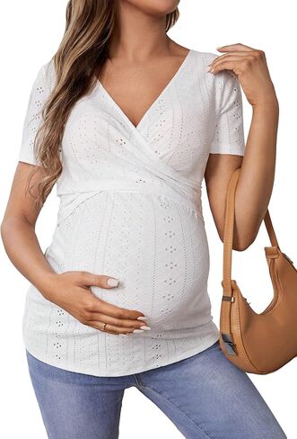 WDIRARA Maternity Women's Deep V Neck Short Sleeve Nursing Shirts Wrap Neck Cross Over Breastfeeding Tees Pregnancy Clothes in Saudi Arabia