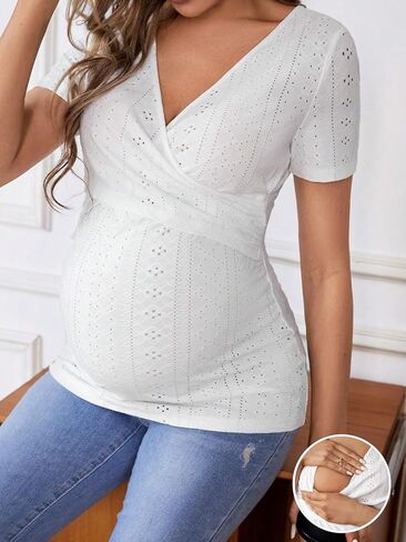 WDIRARA Maternity Women's Deep V Neck Short Sleeve Nursing Shirts Wrap Neck Cross Over Breastfeeding Tees Pregnancy Clothes in Saudi Arabia