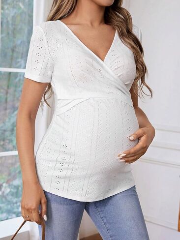 WDIRARA Maternity Women's Deep V Neck Short Sleeve Nursing Shirts Wrap Neck Cross Over Breastfeeding Tees Pregnancy Clothes in Saudi Arabia