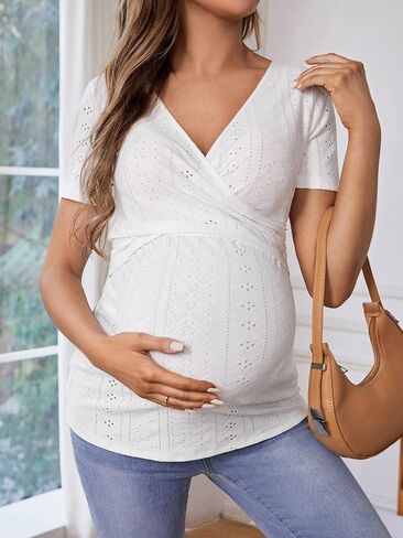 WDIRARA Maternity Women's Deep V Neck Short Sleeve Nursing Shirts Wrap Neck Cross Over Breastfeeding Tees Pregnancy Clothes in Saudi Arabia