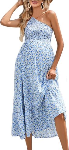 فستان نسائي للحوامل بدون أكمام صيفي كاجوال بكتف واحد فستان طويل فضفاض لالتقاط الصور لحفلة استقبال المولود الجديد in Kuwait