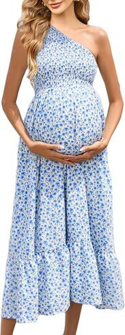 فستان نسائي للحوامل بدون أكمام صيفي كاجوال بكتف واحد فستان طويل فضفاض لالتقاط الصور لحفلة استقبال المولود الجديد in Kuwait