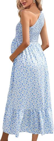 فستان نسائي للحوامل بدون أكمام صيفي كاجوال بكتف واحد فستان طويل فضفاض لالتقاط الصور لحفلة استقبال المولود الجديد in Kuwait