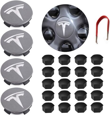مجموعة أغطية محور العجلة المركزية من Tesla Model 3، مجموعة أغطية العجلات Y وS & X وأغطية صواميل العجلة المركزية (4 أغطية مركزية للمحور + 20 غطاء صامولة للعروة) ملحقات تيسلا باللون الرمادي والفضي in Kuwait