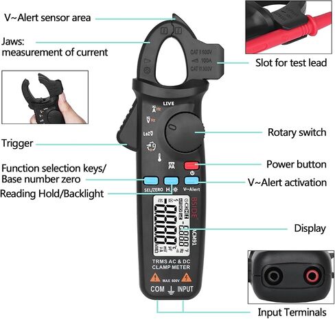 Bside ACM91 1mA Clamp Meter DC/AC Current True RMS Auto-Ranging 6000 Counts Multimeter Live Check V-Alert Temperature Capacitance Frequency Tester with Back Clip in Saudi Arabia
