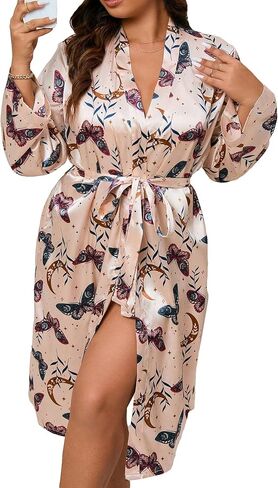WDIRARA Women's Plus Size Satin Robe Floral Print 3/4 Sleeve Belted Kimono Silky Robe in Saudi Arabia