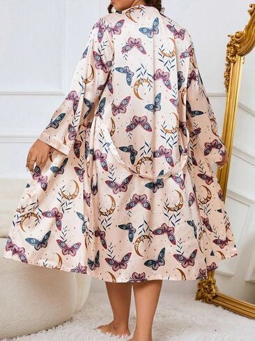 WDIRARA Women's Plus Size Satin Robe Floral Print 3/4 Sleeve Belted Kimono Silky Robe in Saudi Arabia