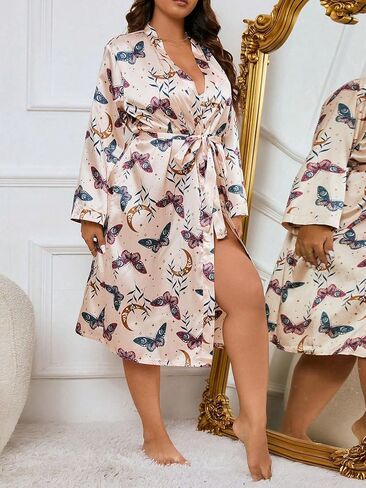 WDIRARA Women's Plus Size Satin Robe Floral Print 3/4 Sleeve Belted Kimono Silky Robe in Saudi Arabia