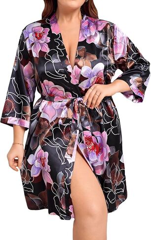 WDIRARA Women's Plus Size Satin Robe Floral Print 3/4 Sleeve Belted Kimono Silky Robe in Saudi Arabia