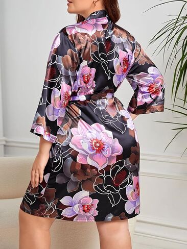 WDIRARA Women's Plus Size Satin Robe Floral Print 3/4 Sleeve Belted Kimono Silky Robe in Saudi Arabia