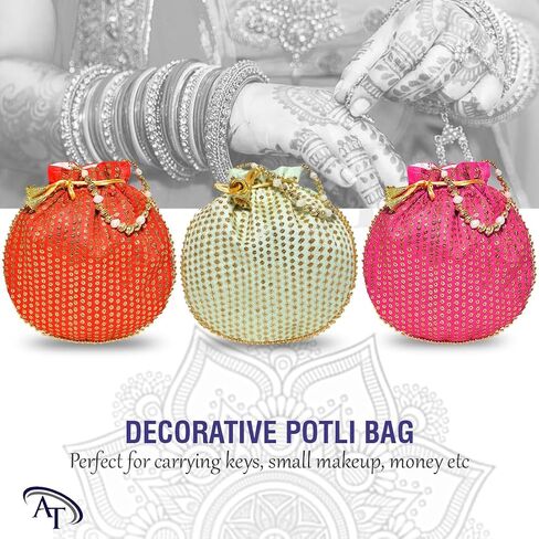 Ankit Traders Decorative Silk Potli Bag Clutch Potli for Women with Zipper, Potli Bags Multi Colour (LXW:-22 X 22 Cm) in Saudi Arabia
