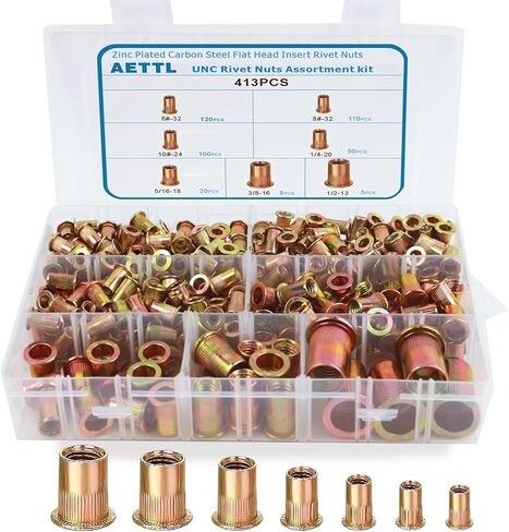مجموعة صواميل البرشام، AETTL 413pcs SAE UNC تشكيلة صواميل البرشام، لمسة نهائية مطلية بالزنك، طقم صواميل برشام برأس مسطح من الفولاذ الكربوني مع علبة 6#-32,8#-32,10#-24,1/4-20، 5/16- 18، 3/8-16، 1/2-13 in Kuwait