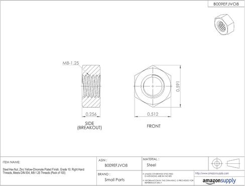 Small Parts Steel Hex Nut, Zinc Yellow-Chromate Plated, Class 10, DIN 934, Metric, M8-1.25 Thread Size, 13 mm Width Across Flats, 6.5 mm Thick (Pack of 100) in Saudi Arabia