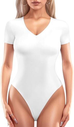 MANGOPOP Double Lined Short Sleeve Bodysuits for Women Deep V Neck Thong Bodysuit Tops Seamless in Saudi Arabia