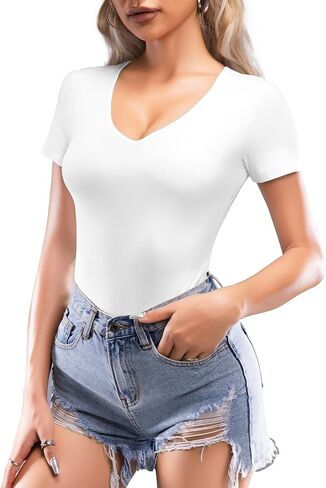 MANGOPOP Double Lined Short Sleeve Bodysuits for Women Deep V Neck Thong Bodysuit Tops Seamless in Saudi Arabia