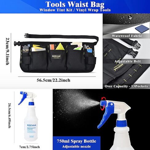 مجموعة أدوات تغليف الفينيل للسيارة من REEVAA® ومجموعة حقيبة الخصر لتلوين النوافذ، مجموعة أساسية لتلوين الأفلام الاحترافية، وأدوات تظليل النوافذ مع زجاجة رش، طقم ممسحة مطاطية/صبغ PPF، طقم عصا مغناطيسية صغيرة in Kuwait