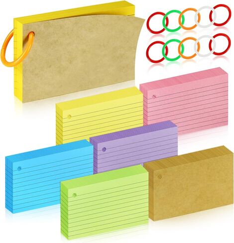 600 PCS Color Index Cards 3 x 5, Flash Cards with Rings, Lined Notecards Study Cards Punched for Learning and Office Supplies, 6 Colors (Lined with Rings) in Kuwait