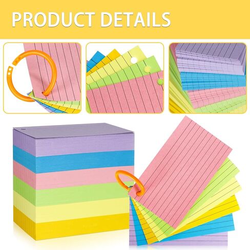 600 PCS Color Index Cards 3 x 5, Flash Cards with Rings, Lined Notecards Study Cards Punched for Learning and Office Supplies, 6 Colors (Lined with Rings) in Kuwait