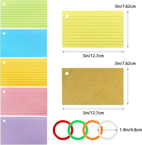 600 PCS Color Index Cards 3 x 5, Flash Cards with Rings, Lined Notecards Study Cards Punched for Learning and Office Supplies, 6 Colors (Lined with Rings) in Kuwait