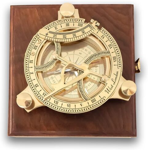 هدية بوصلة شمسية من النحاس مع صندوق خشبي من خشب الورد | هدية معايرة بشكل مثالي للمسافر المغامر والمشي لمسافات طويلة والتخييم والقوارب in Kuwait