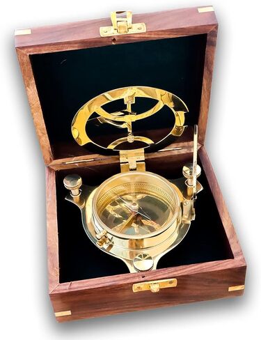 هدية بوصلة شمسية من النحاس مع صندوق خشبي من خشب الورد | هدية معايرة بشكل مثالي للمسافر المغامر والمشي لمسافات طويلة والتخييم والقوارب in Kuwait