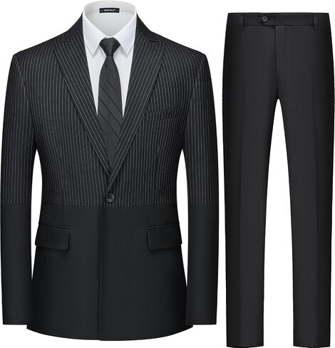 MAGE MALE Mens Suits Slim Fit Pinstripe 2 Piece Tuxedo Suit Set One Button Wedding Party Business Blazer Pants with Tie in Saudi Arabia