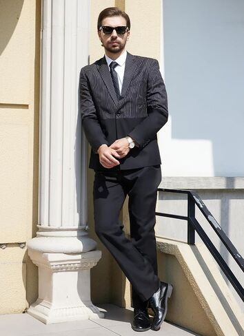 MAGE MALE Mens Suits Slim Fit Pinstripe 2 Piece Tuxedo Suit Set One Button Wedding Party Business Blazer Pants with Tie in Saudi Arabia
