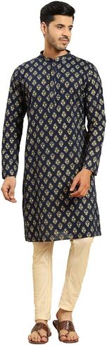 Men's Regular Fit Woven Design Navy Cotton Kurta Trouser Set | Indian Wedding Wear | Festive Ethnic Suit Set in Saudi Arabia