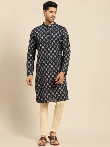 Men's Regular Fit Woven Design Navy Cotton Kurta Trouser Set | Indian Wedding Wear | Festive Ethnic Suit Set in Saudi Arabia