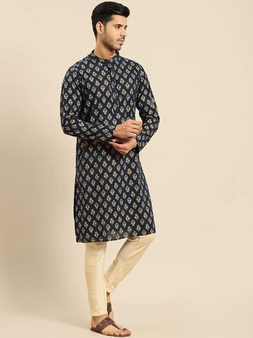 Men's Regular Fit Woven Design Navy Cotton Kurta Trouser Set | Indian Wedding Wear | Festive Ethnic Suit Set in Saudi Arabia