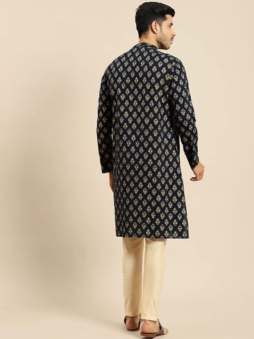 Men's Regular Fit Woven Design Navy Cotton Kurta Trouser Set | Indian Wedding Wear | Festive Ethnic Suit Set in Saudi Arabia