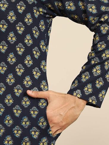 Men's Regular Fit Woven Design Navy Cotton Kurta Trouser Set | Indian Wedding Wear | Festive Ethnic Suit Set in Saudi Arabia