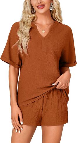 Rooscier Women's 2 Pcs Outfit Short Sleeve V Neck T Shirt High Waist Shorts Lounge Set in Saudi Arabia