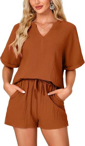 Rooscier Women's 2 Pcs Outfit Short Sleeve V Neck T Shirt High Waist Shorts Lounge Set in Saudi Arabia