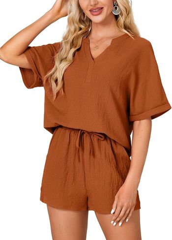 Rooscier Women's 2 Pcs Outfit Short Sleeve V Neck T Shirt High Waist Shorts Lounge Set in Saudi Arabia