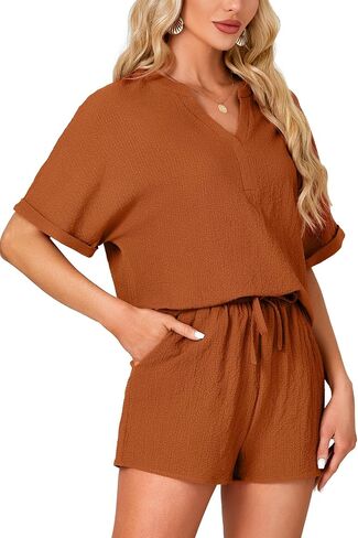 Rooscier Women's 2 Pcs Outfit Short Sleeve V Neck T Shirt High Waist Shorts Lounge Set in Saudi Arabia