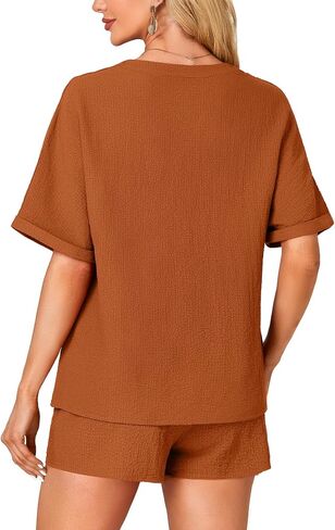 Rooscier Women's 2 Pcs Outfit Short Sleeve V Neck T Shirt High Waist Shorts Lounge Set in Saudi Arabia