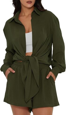 عميق الذاتي المرأة 2 قطعة ملابس الصيف عادية كم طويل عقدة الجبهة قمصان مطابقة السراويل عطلة صالة مجموعات in Kuwait