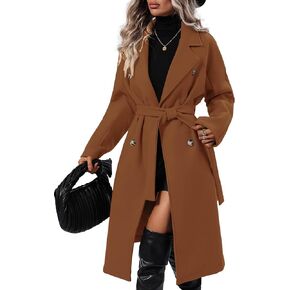 SAUKOLE Women's Trendy Lapel Collar Double Breasted Wool Blend Coats Winter Pea Overcoat Pocketed Outwear with Belt in Kuwait