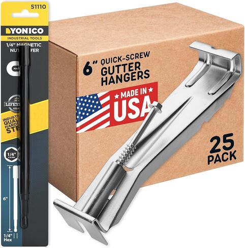 Quick Screw 6 Inch Gutter Hangers - 50 Pack - Gutter Brackets 6 Inch with Bonus 6 Inch Drill Bit - Hidden Bracket Clips with Pre-Assembled Screw - Fix Sagging Rain Gutters in Kuwait