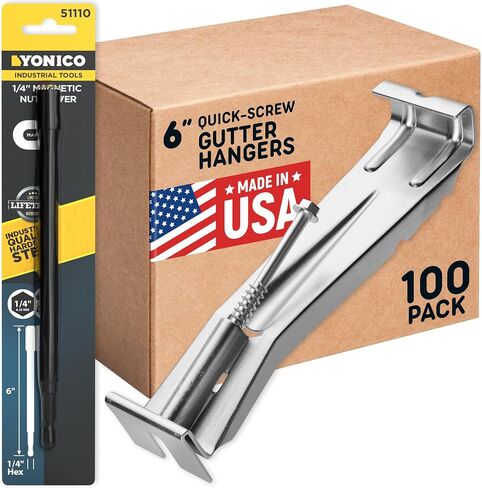 Quick Screw 6 Inch Gutter Hangers - 50 Pack - Gutter Brackets 6 Inch with Bonus 6 Inch Drill Bit - Hidden Bracket Clips with Pre-Assembled Screw - Fix Sagging Rain Gutters in Kuwait