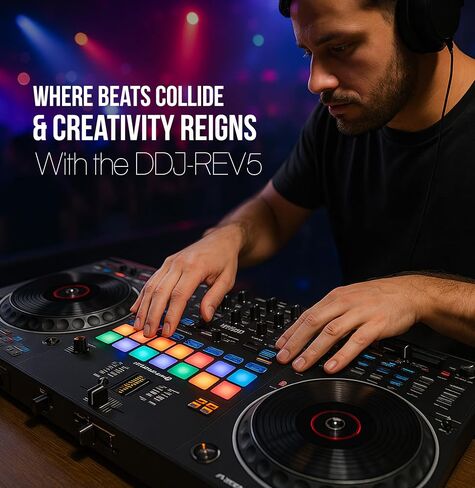 Pioneer DDJ-REV5 4-Deck DJ Controller - Black Bundle with Laptop Stand, Headphones, and Austin Bazaar Polishing Cloth in Saudi Arabia