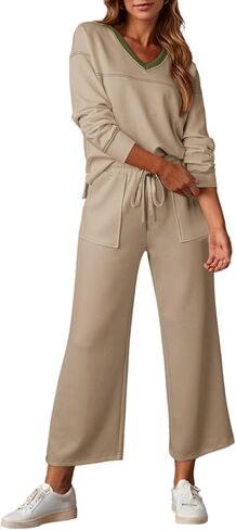 Dokotoo Women's 2 Piece Lounge Set Casual V Neck Sweatshirt Fashion Travel Wide Leg Tracksuit Sweatsuits Outfits in Saudi Arabia