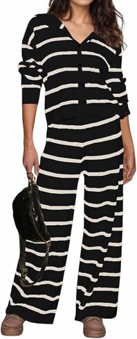 KFUBUO Women 2 Piece Lounge Sets Fall Outfits 2025 Sweatsuits Stripe V Neck Hooded Sweater Wide Leg Pants Set in Kuwait