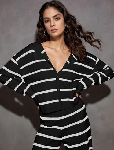 KFUBUO Women 2 Piece Lounge Sets Fall Outfits 2025 Sweatsuits Stripe V Neck Hooded Sweater Wide Leg Pants Set in Kuwait